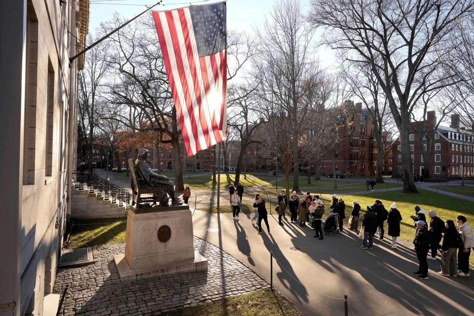 Harvard Yard with an American flag